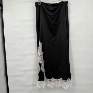 Lala black maxi satin skirt white lace trim